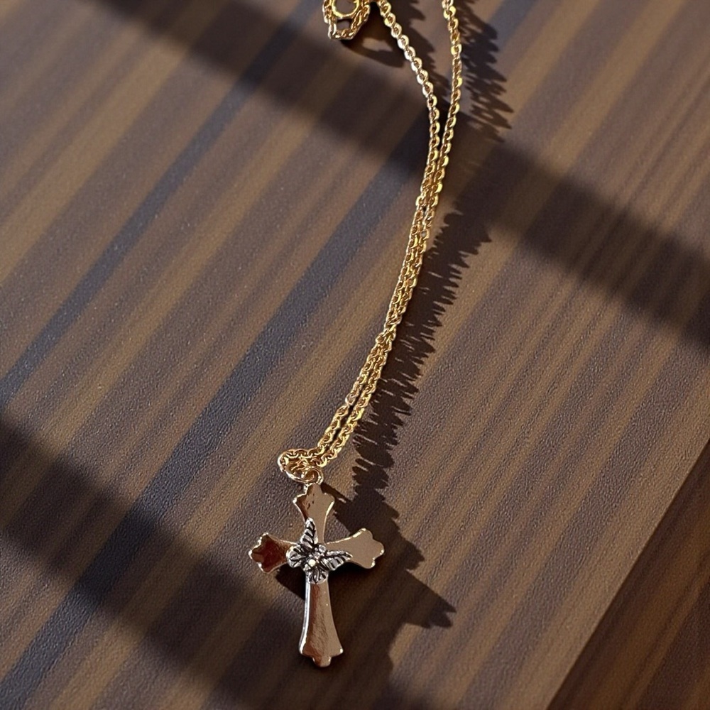 Gold and Silver Toned Cross and Butterfly Pendant Necklace - Picture 11 of 17